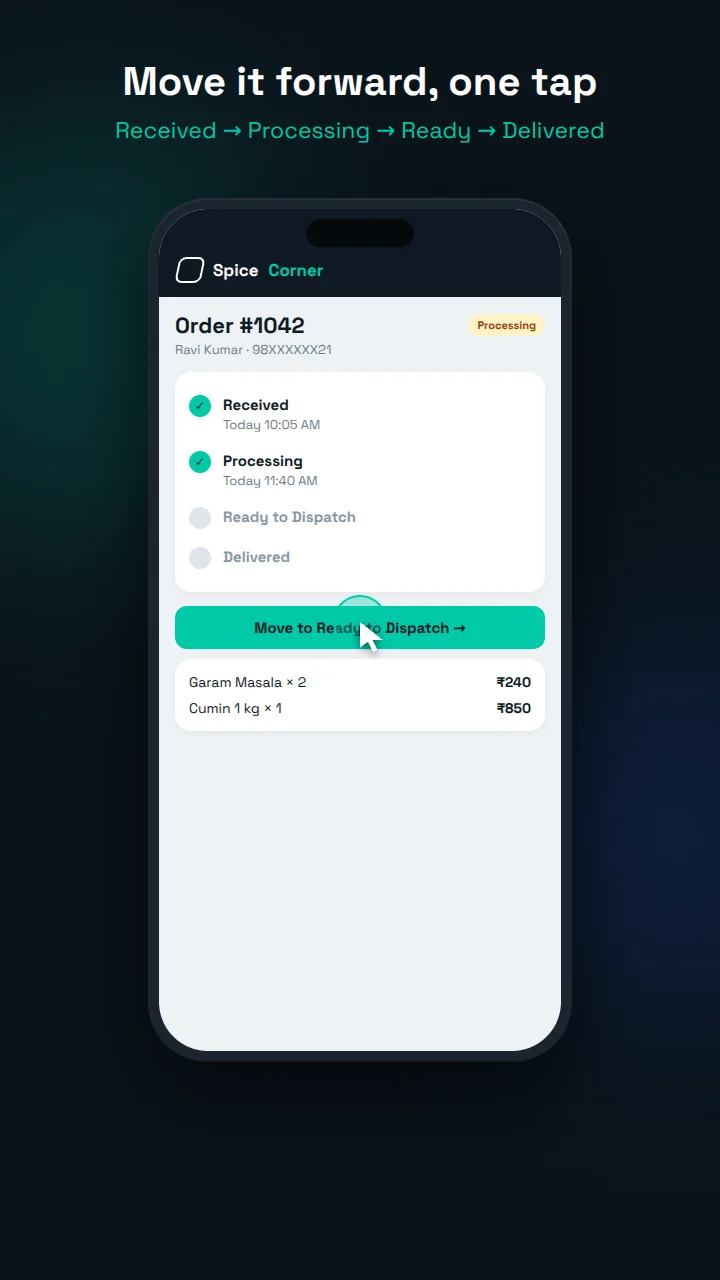 Order detail with stage timeline and move-forward button